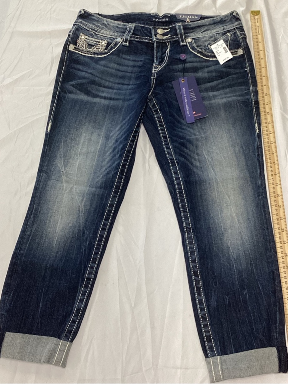 Vigoss Women's Dark Blue Washed Cropped Jeans with Contrast Stitching
